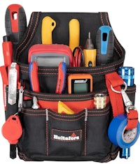 a black tool bag with a variety of tools in it